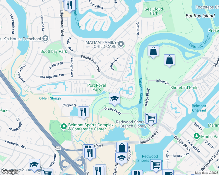 map of restaurants, bars, coffee shops, grocery stores, and more near 32 Binnacle Lane in Foster City