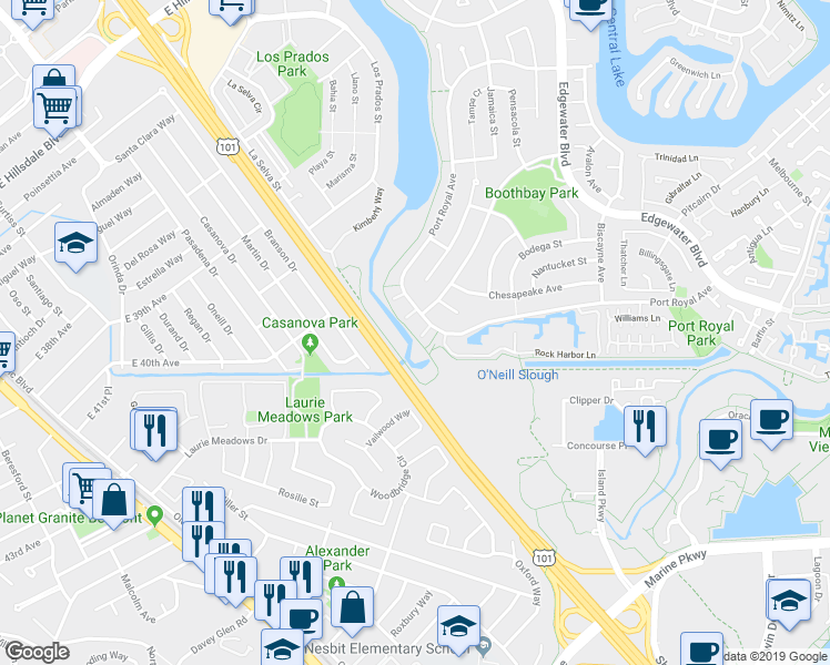 map of restaurants, bars, coffee shops, grocery stores, and more near 20 Coral Lane in San Mateo