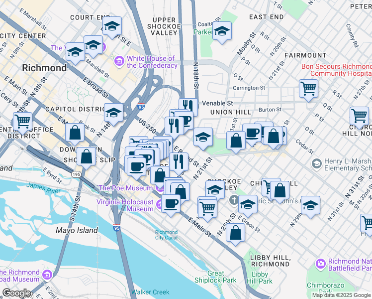 map of restaurants, bars, coffee shops, grocery stores, and more near 307 Cedar Street in Richmond