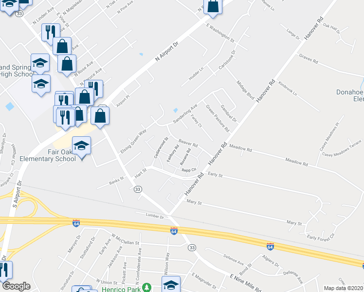 map of restaurants, bars, coffee shops, grocery stores, and more near 1903 Beaver Road in Highland Springs