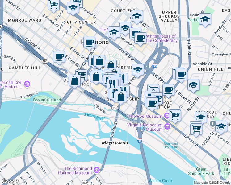 map of restaurants, bars, coffee shops, grocery stores, and more near 1327 East Cary Street in Richmond