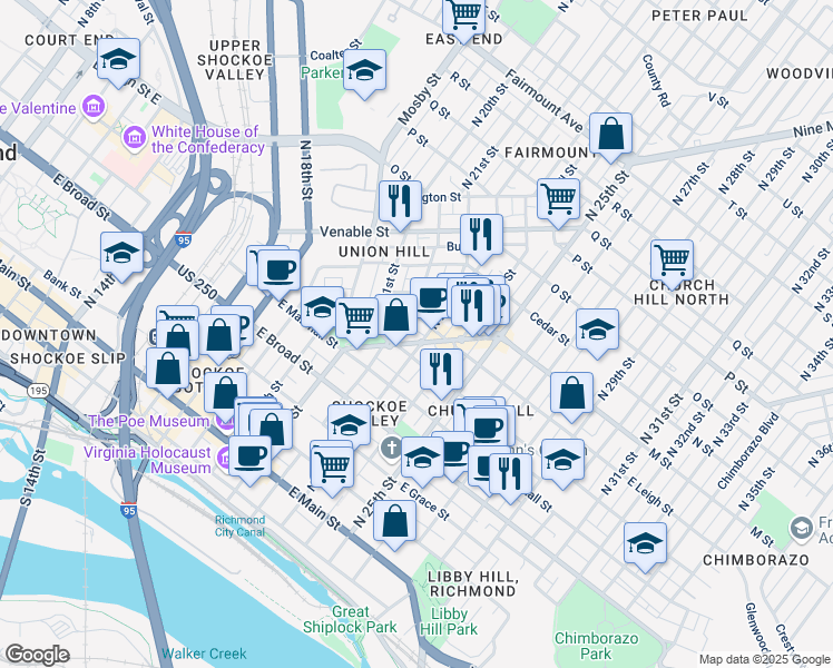 map of restaurants, bars, coffee shops, grocery stores, and more near 2222 Jefferson Avenue in Richmond