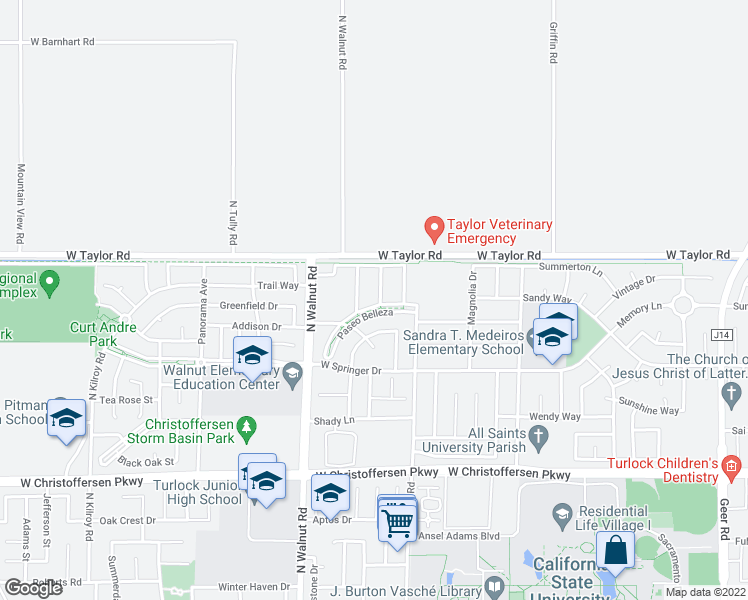map of restaurants, bars, coffee shops, grocery stores, and more near 1303 Paseo Belleza in Turlock