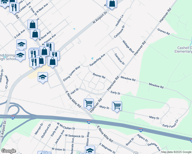 map of restaurants, bars, coffee shops, grocery stores, and more near 1905 Beaver Road in Highland Springs