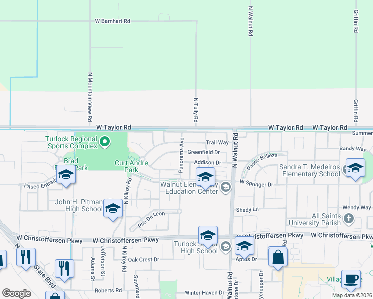 map of restaurants, bars, coffee shops, grocery stores, and more near 4351 Panorama Avenue in Turlock
