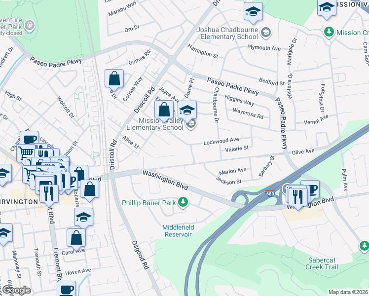 map of restaurants, bars, coffee shops, grocery stores, and more near 41963 McKay Street in Fremont
