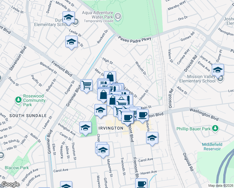 map of restaurants, bars, coffee shops, grocery stores, and more near 40900 Fremont Boulevard in Fremont