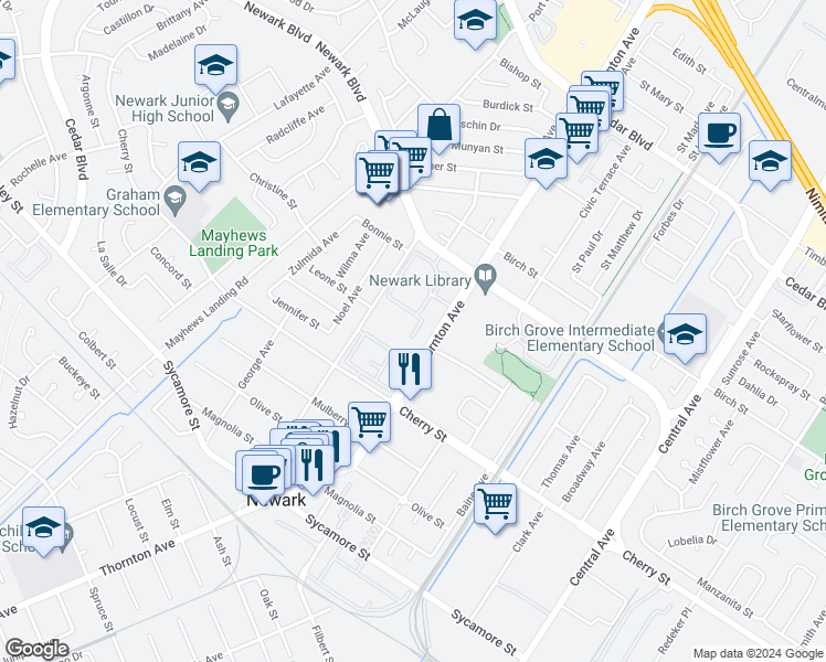 map of restaurants, bars, coffee shops, grocery stores, and more near 6330 Thornton Avenue in Newark
