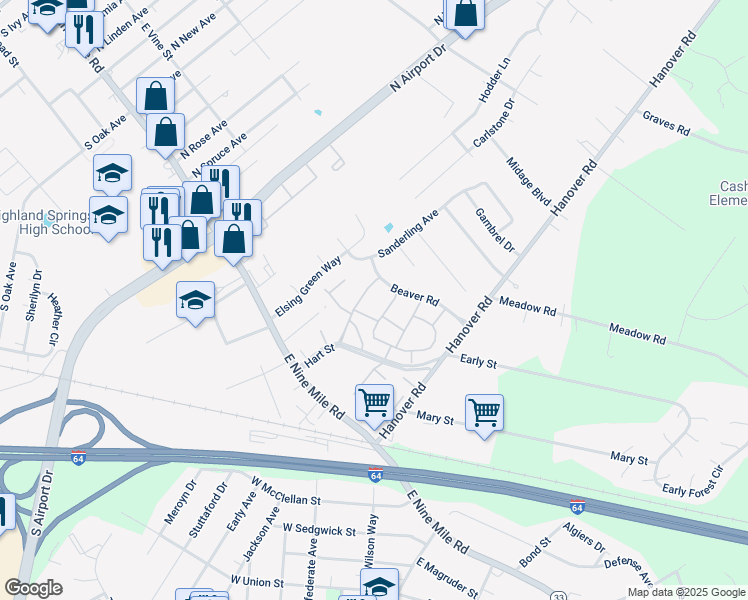 map of restaurants, bars, coffee shops, grocery stores, and more near 1817 Regal Drive in Highland Springs