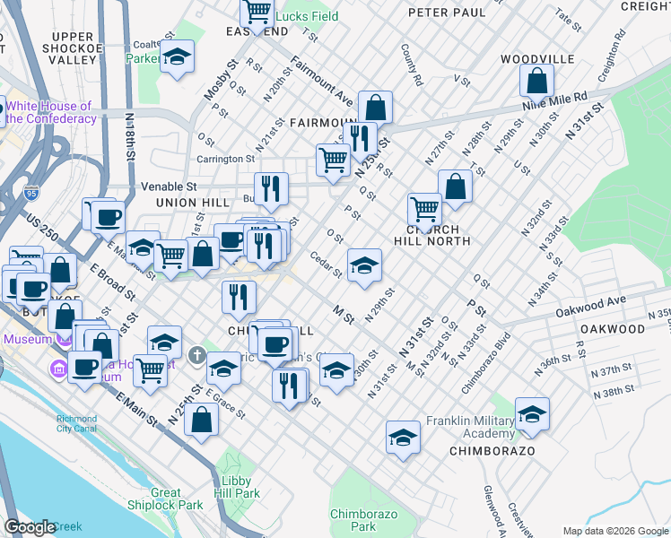 map of restaurants, bars, coffee shops, grocery stores, and more near 708 North 27th Street in Richmond
