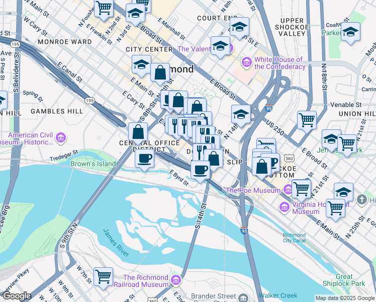 map of restaurants, bars, coffee shops, grocery stores, and more near 1111 East Main Street in Richmond