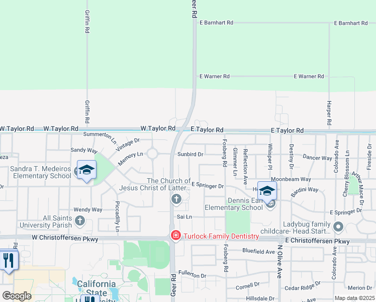 map of restaurants, bars, coffee shops, grocery stores, and more near 173 Sunbird Drive in Turlock