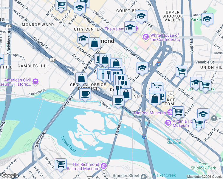 map of restaurants, bars, coffee shops, grocery stores, and more near 1206 Shockoe Lane in Richmond