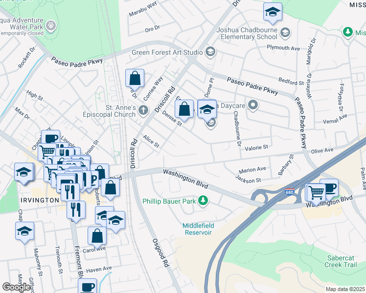 map of restaurants, bars, coffee shops, grocery stores, and more near 41620 Beatrice Street in Fremont