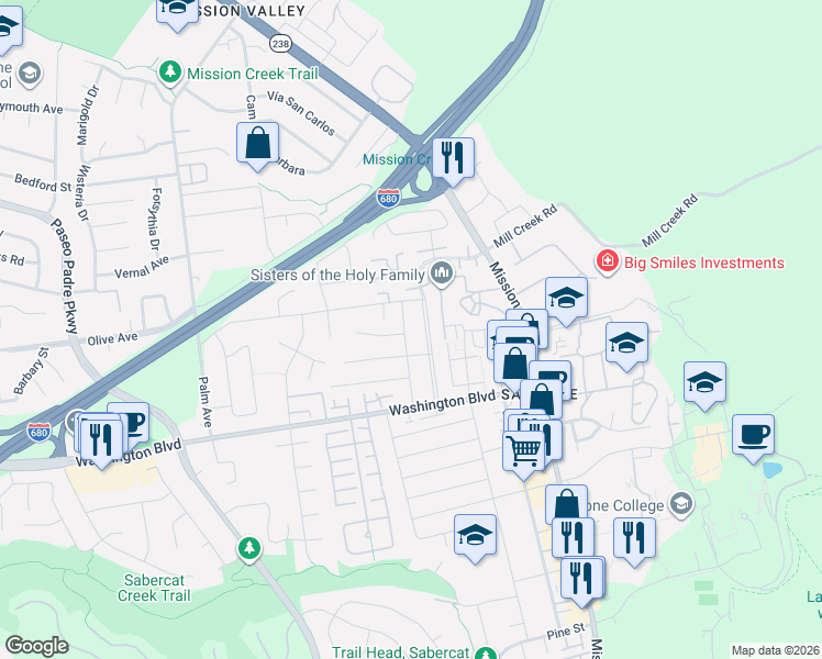map of restaurants, bars, coffee shops, grocery stores, and more near 401 Emerson Street in Fremont