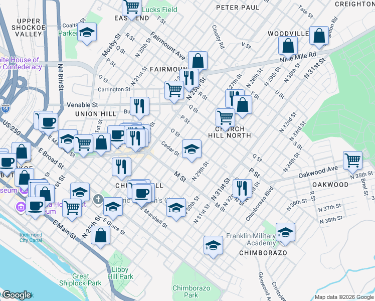 map of restaurants, bars, coffee shops, grocery stores, and more near 801 North 27th Street in Richmond