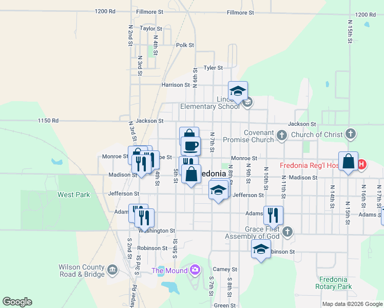 map of restaurants, bars, coffee shops, grocery stores, and more near 442-498 North 6th Street in Fredonia