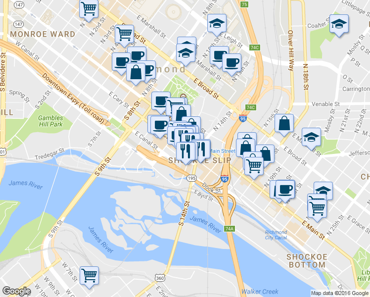 map of restaurants, bars, coffee shops, grocery stores, and more near 1306 East Cary Street in Richmond