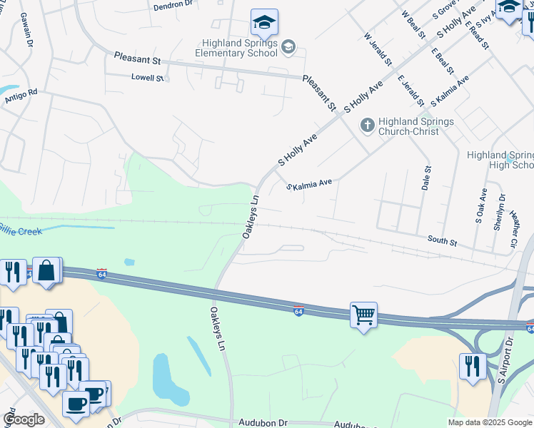 map of restaurants, bars, coffee shops, grocery stores, and more near 109 South Street in Highland Springs