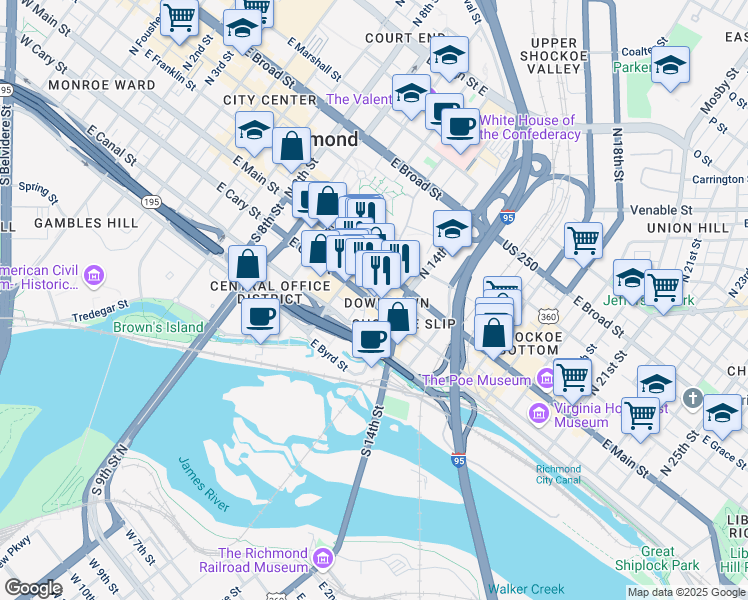 map of restaurants, bars, coffee shops, grocery stores, and more near 1306 East Cary Street in Richmond