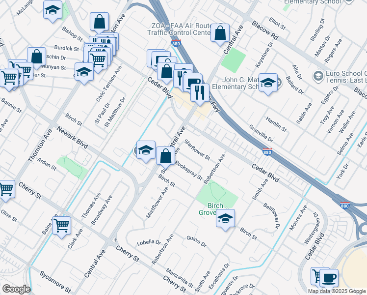 map of restaurants, bars, coffee shops, grocery stores, and more near 5750 Sunrose Avenue in Newark