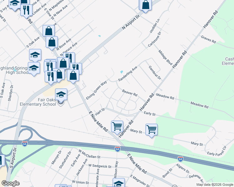 map of restaurants, bars, coffee shops, grocery stores, and more near 309 Cedarwood Rd in Highland Springs