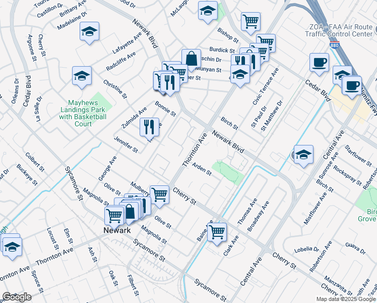 map of restaurants, bars, coffee shops, grocery stores, and more near 6245 Thornton Avenue in Newark