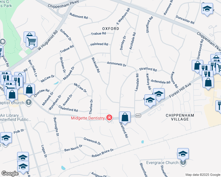 map of restaurants, bars, coffee shops, grocery stores, and more near 2721 East Weyburn Road in Richmond