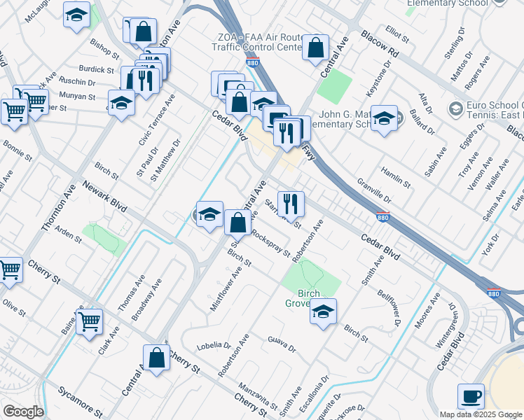 map of restaurants, bars, coffee shops, grocery stores, and more near 5750 Sunrose Avenue in Newark
