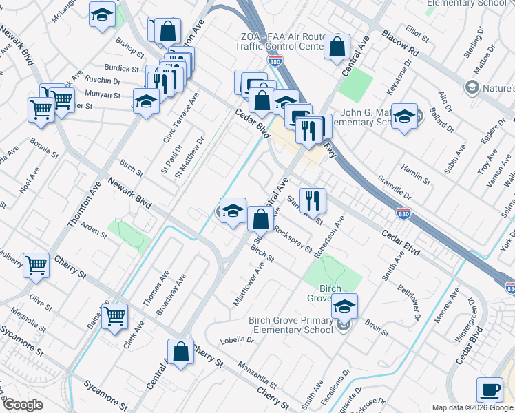 map of restaurants, bars, coffee shops, grocery stores, and more near 5835 Central Avenue in Newark