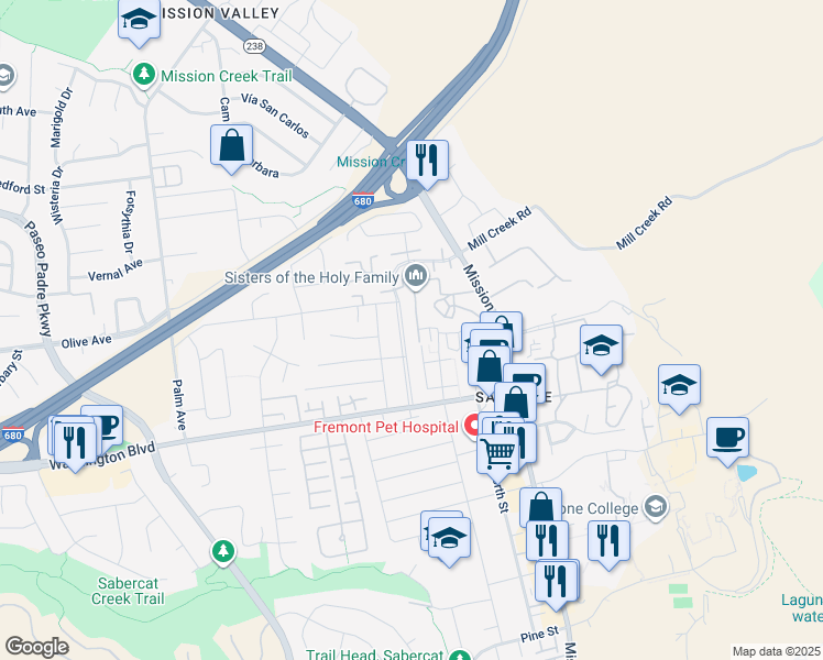 map of restaurants, bars, coffee shops, grocery stores, and more near 43110 Starr Street in Fremont
