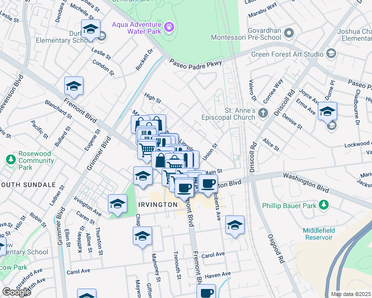 map of restaurants, bars, coffee shops, grocery stores, and more near 40868 Lincoln Street in Fremont
