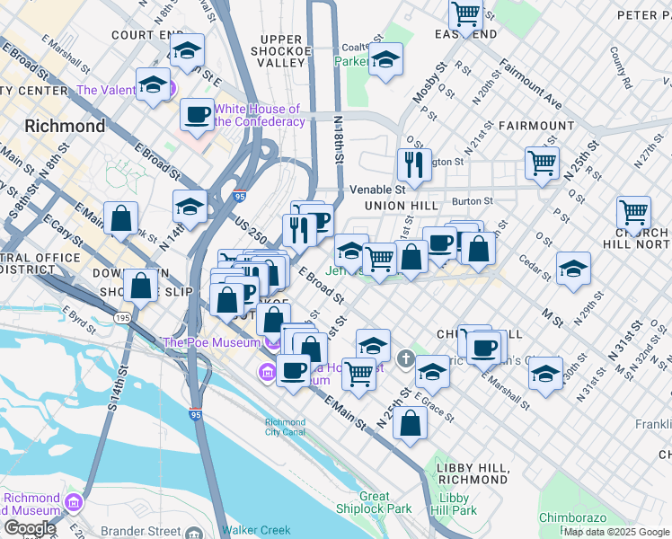 map of restaurants, bars, coffee shops, grocery stores, and more near 1902 Princess Anne Avenue in Richmond
