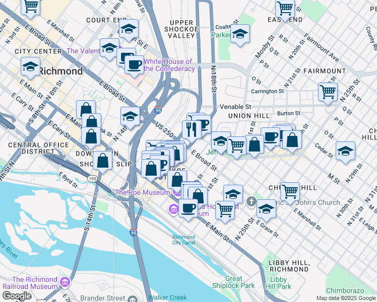 map of restaurants, bars, coffee shops, grocery stores, and more near 1801 East Broad Street in Richmond