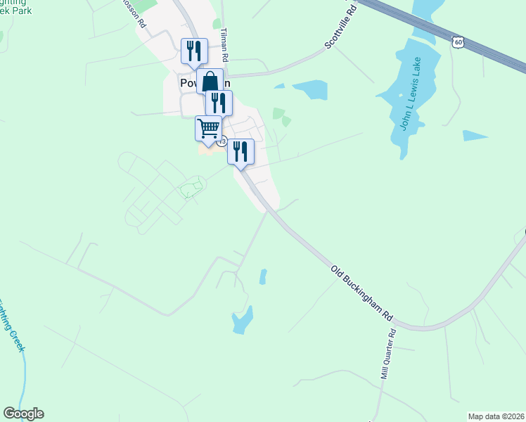 map of restaurants, bars, coffee shops, grocery stores, and more near 3829 Virginia 13 in Powhatan