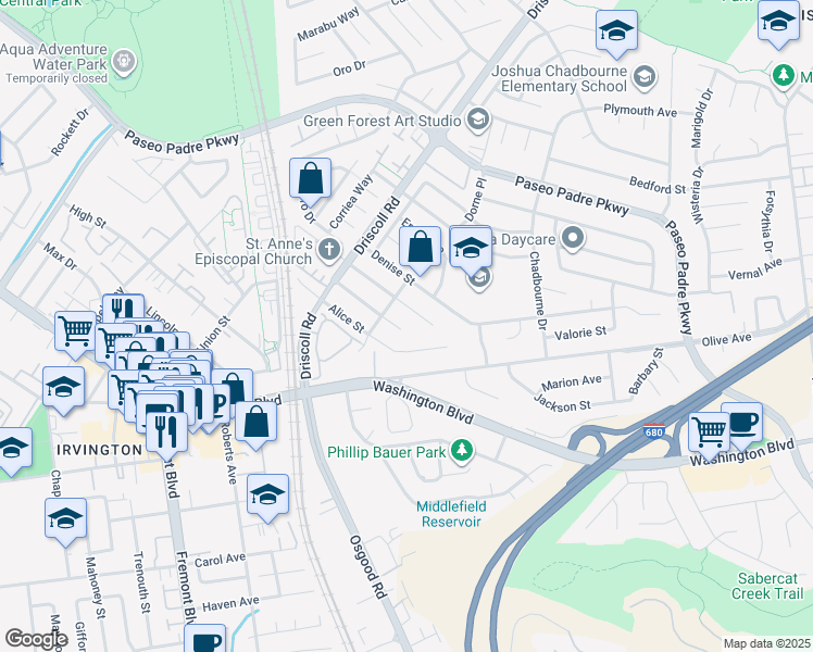 map of restaurants, bars, coffee shops, grocery stores, and more near 41620 Beatrice Street in Fremont