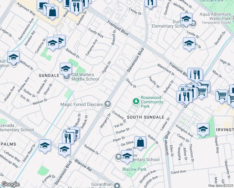 map of restaurants, bars, coffee shops, grocery stores, and more near 4422 Stevenson Boulevard in Fremont