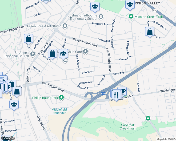 map of restaurants, bars, coffee shops, grocery stores, and more near 2225 Valorie Street in Fremont