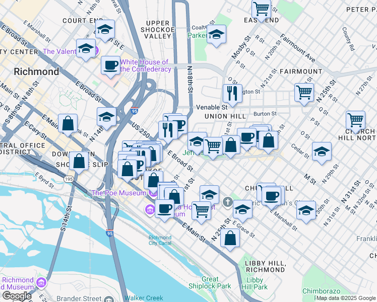 map of restaurants, bars, coffee shops, grocery stores, and more near 1902 Princess Anne Avenue in Richmond