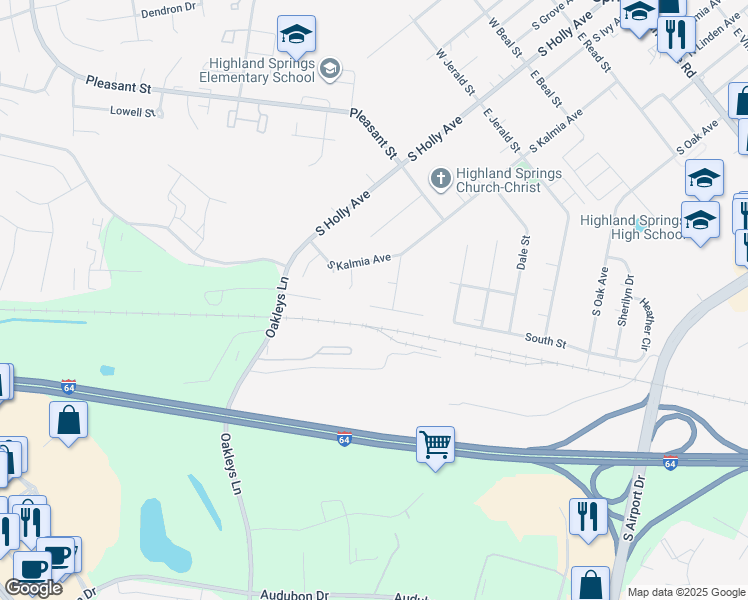 map of restaurants, bars, coffee shops, grocery stores, and more near 212 South Street in Highland Springs