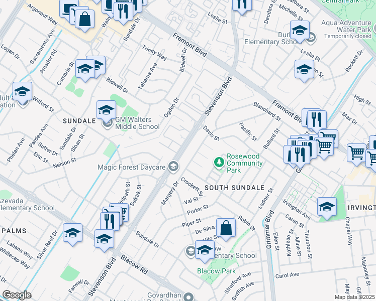 map of restaurants, bars, coffee shops, grocery stores, and more near 4422 Stevenson Boulevard in Fremont
