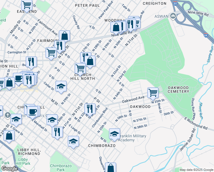 map of restaurants, bars, coffee shops, grocery stores, and more near 1129 North 32nd Street in Richmond