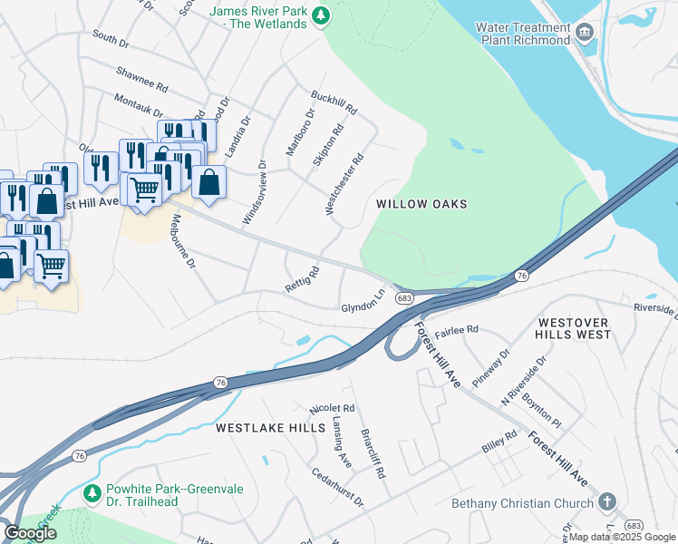 map of restaurants, bars, coffee shops, grocery stores, and more near 6307 Forest Hill Avenue in Richmond
