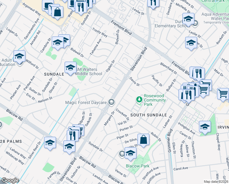 map of restaurants, bars, coffee shops, grocery stores, and more near 4445 Stevenson Boulevard in Fremont