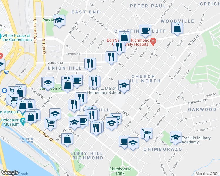 map of restaurants, bars, coffee shops, grocery stores, and more near 816 North 26th Street in Richmond
