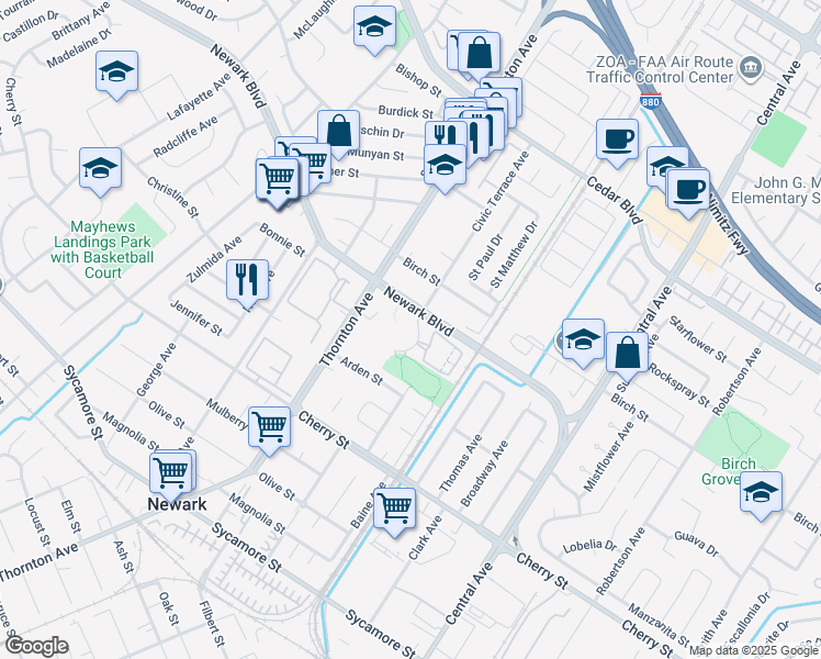 map of restaurants, bars, coffee shops, grocery stores, and more near 37101 Newark Boulevard in Newark