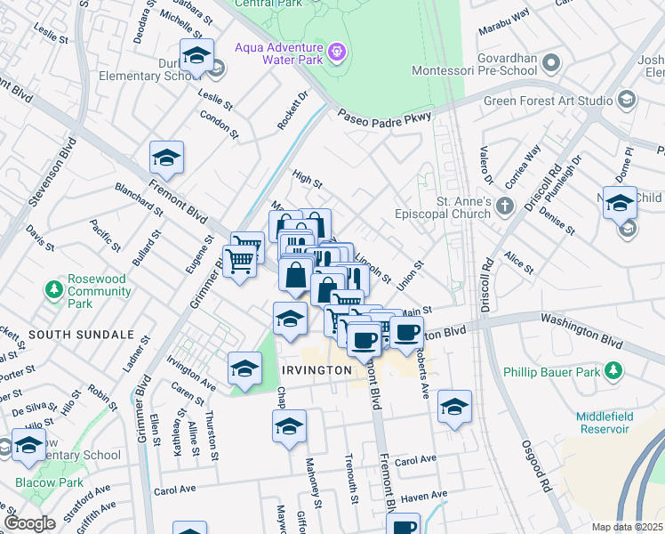 map of restaurants, bars, coffee shops, grocery stores, and more near 3826 Meeks Terrace in Fremont