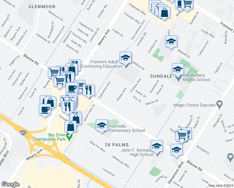 map of restaurants, bars, coffee shops, grocery stores, and more near 39372 Drake Way in Fremont