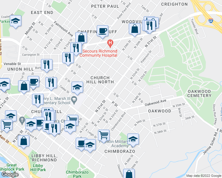 map of restaurants, bars, coffee shops, grocery stores, and more near 3020 Q Street in Richmond