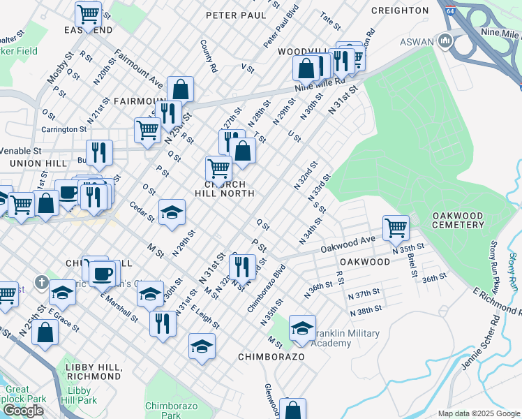 map of restaurants, bars, coffee shops, grocery stores, and more near 1105 North 31st Street in Richmond